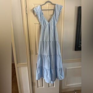 V-Neck Light Blue Tiered Maxi Dress